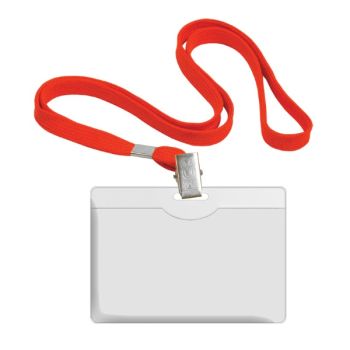 Name badge plastic 90x58mm horizontal w/red lanyard
