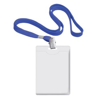 Name badge plastic 90x58mm vertical w/blue lanyard