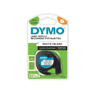 DYMO TAPE 12MMX4M BLACK ON WHITE PLASTIC 91201