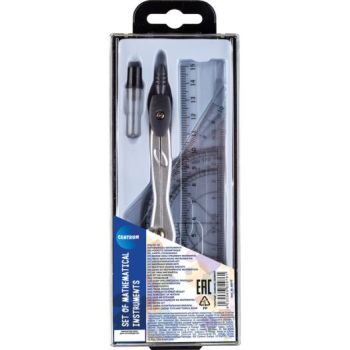 Drawing set: compass, leads, 2triangle rulers, spare, ruler 15cm, protractor 